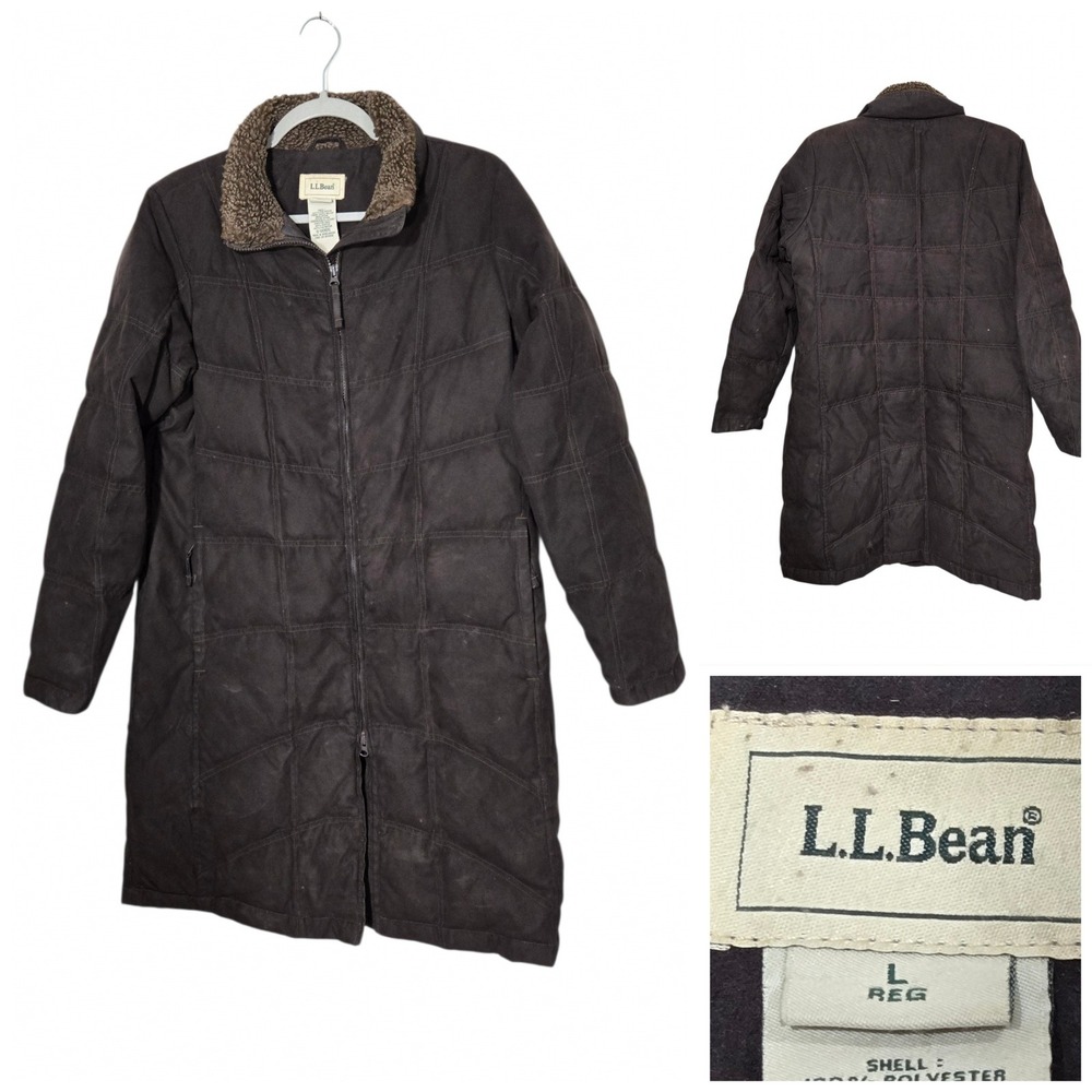 Vtg LL Bean Mens Brown Goose Down Insulated Parka Faux Fur Collar Jacket Lg Reg